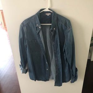 Denim, collared shirt. Large